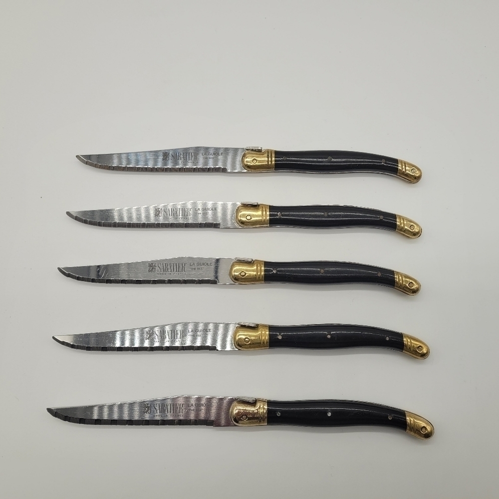 La Guiole Sabatier The Bee Black GOLD Serrated Steak Knives Set Of 5 - Vintage‌